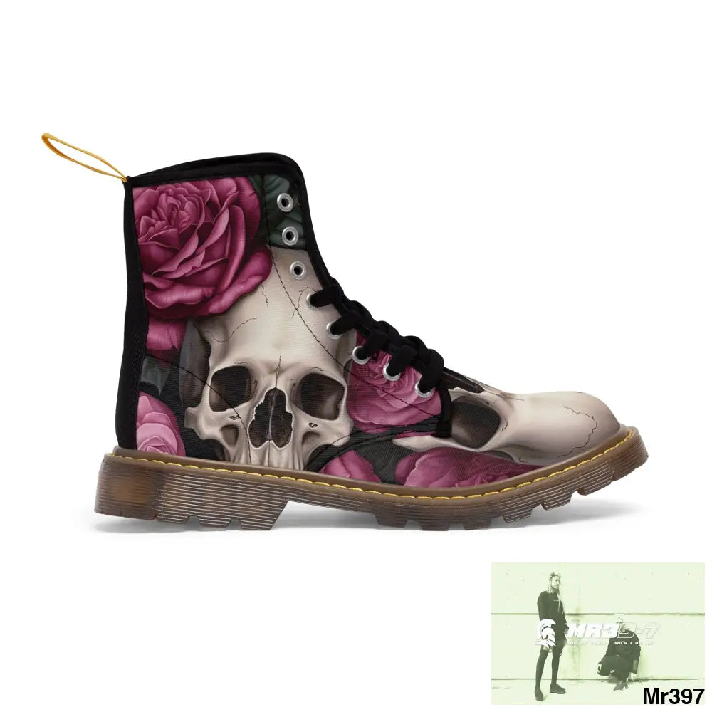Gothic Skulls and no 2 Pink Roses Women’s Canvas Boots US 6.5 / Brown sole Shoes