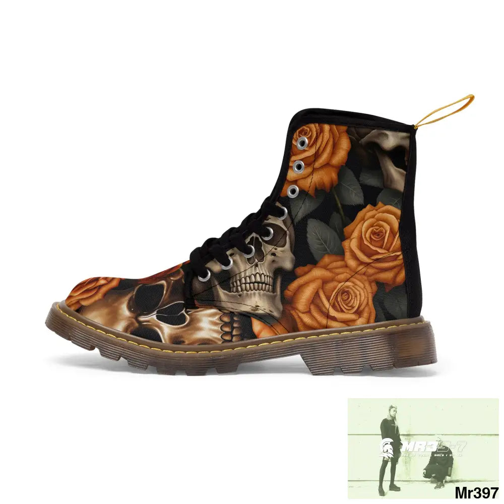 Gothic Skulls and Orange Roses Canvas Boots AOP Shoes