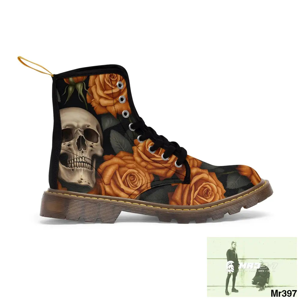 Gothic Skulls and Orange Roses Canvas Boots AOP Shoes