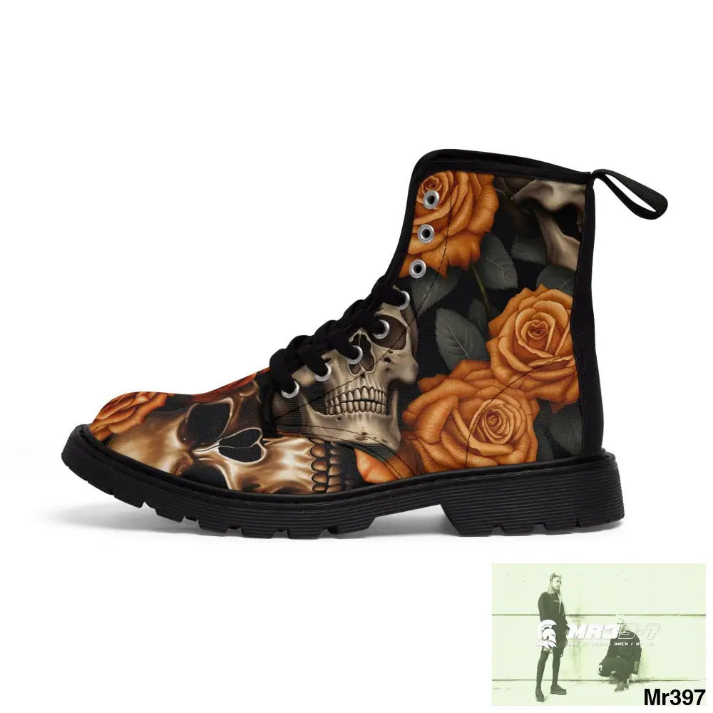 Gothic Skulls and Orange Roses Canvas Boots AOP Shoes