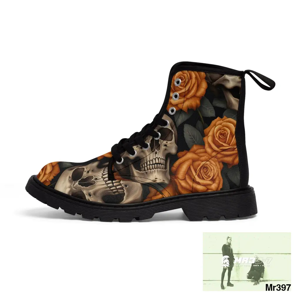 Gothic Skulls and Orange Roses Canvas Boots AOP Shoes