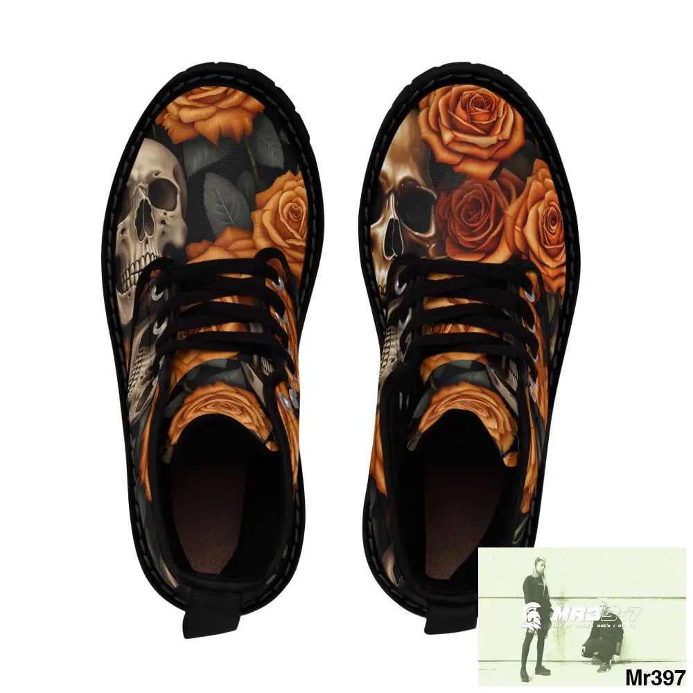 Gothic Skulls and Orange Roses Canvas Boots AOP Shoes