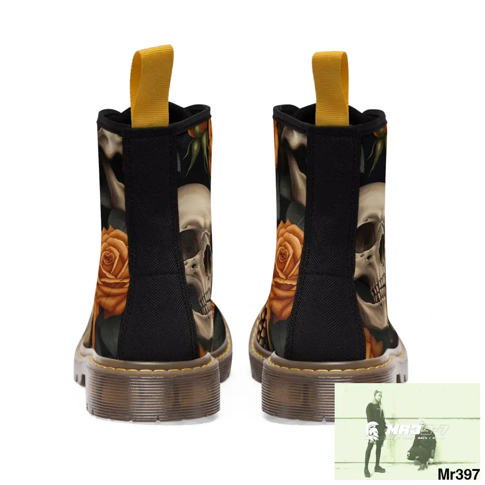 Gothic Skulls and Orange Roses Canvas Boots AOP Shoes