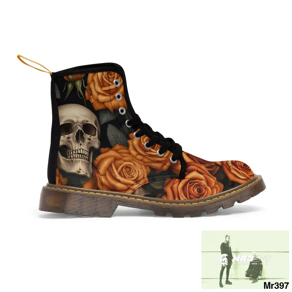 Gothic Skulls and Orange Roses Canvas Boots AOP US 7 / Brown sole Shoes