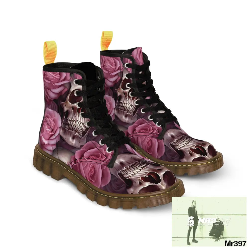 Gothic Skulls and Pink Roses Women’s Canvas Boots Shoes