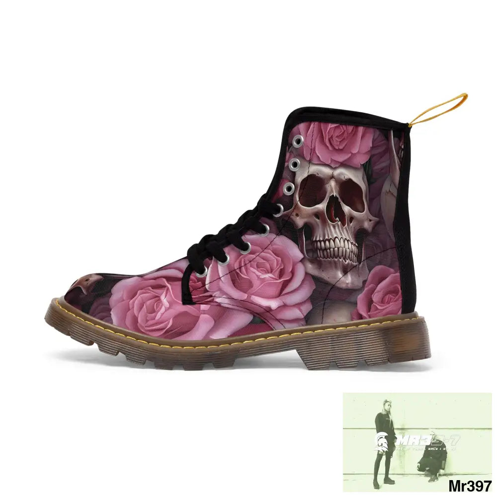 Gothic Skulls and Pink Roses Women’s Canvas Boots Shoes