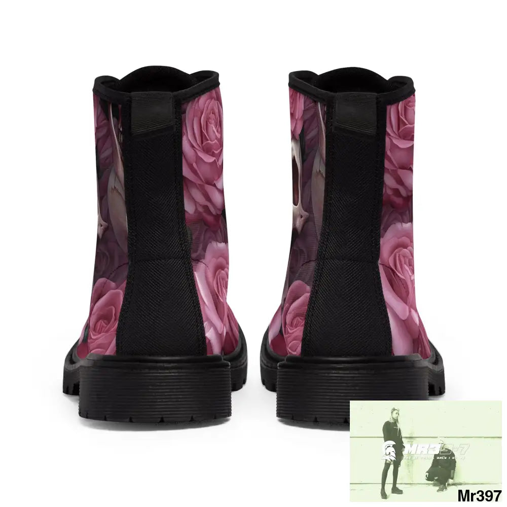 Gothic Skulls and Pink Roses Women’s Canvas Boots Shoes