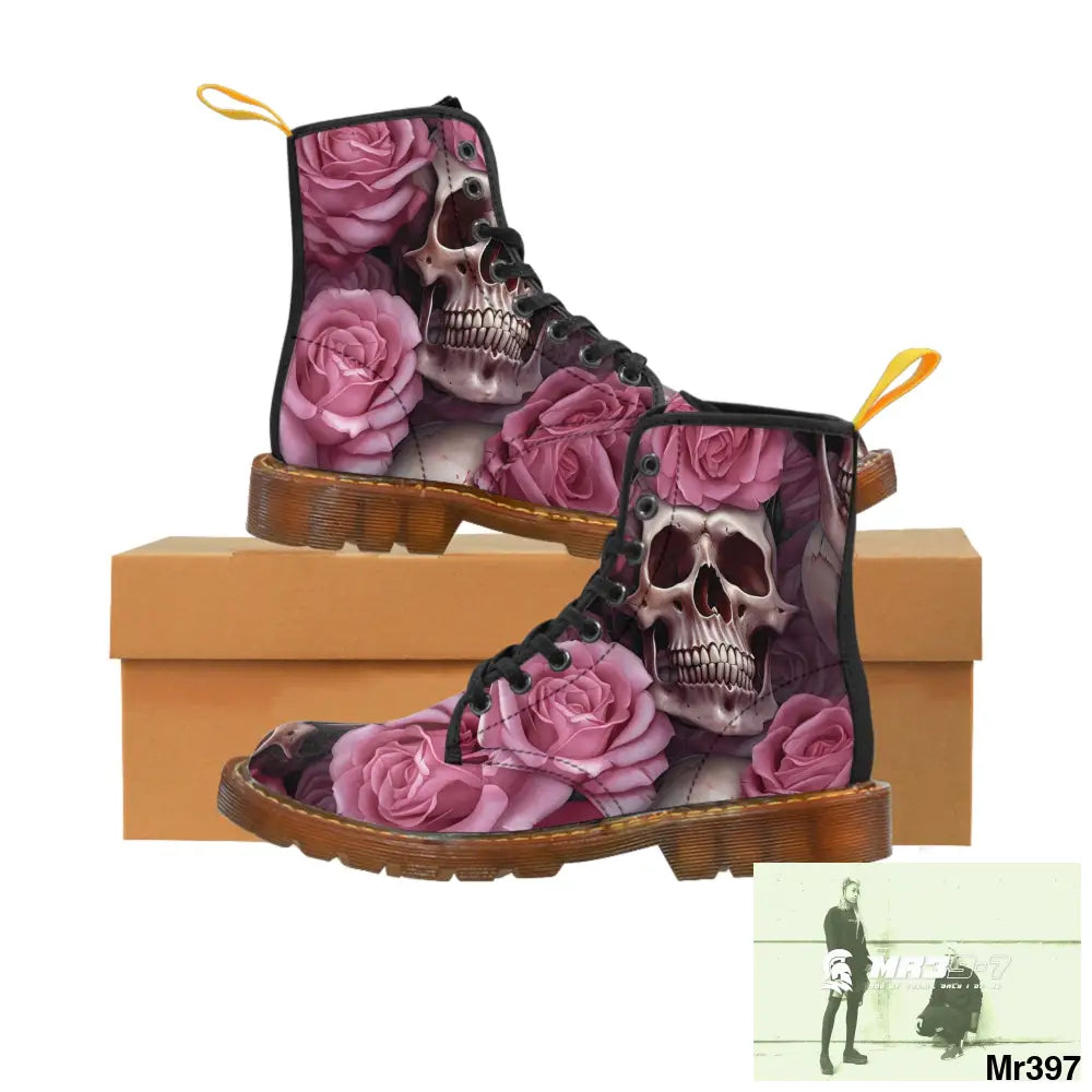 Gothic Skulls and Pink Roses Women’s Canvas Boots Shoes