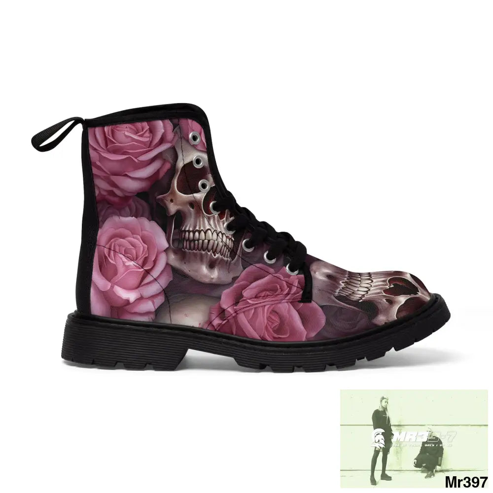Gothic Skulls and Pink Roses Women’s Canvas Boots Shoes
