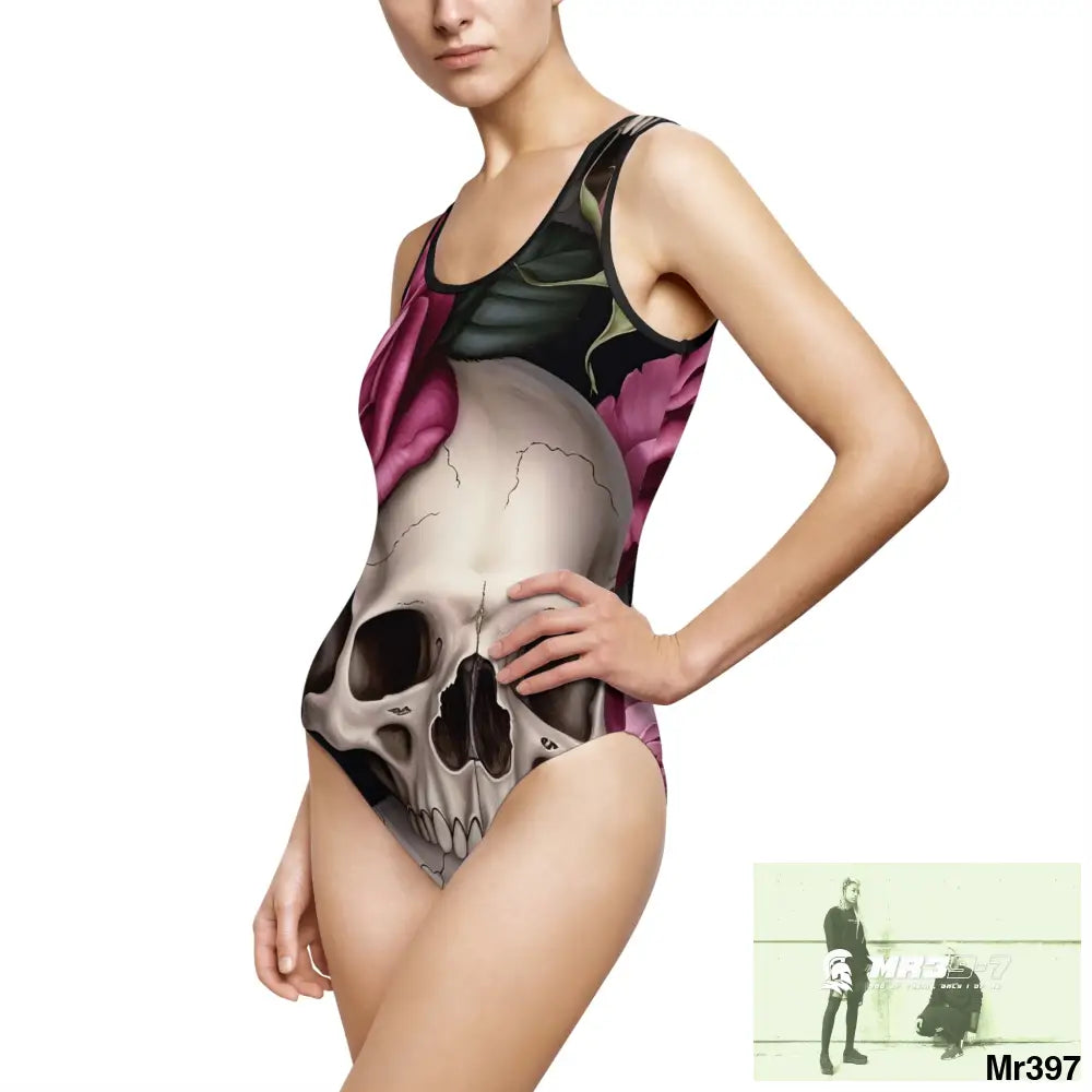 Gothic Skulls and Pink roses Women’s Classic One-Piece Swimsuit (AOP) All Over Prints
