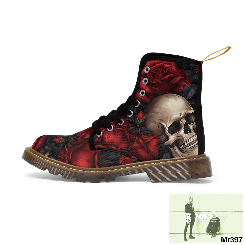 Gothic Skulls and Red roses Canvas Boots AOP Shoes