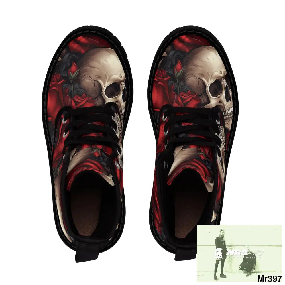 Gothic Skulls and Red roses Canvas Boots AOP Shoes