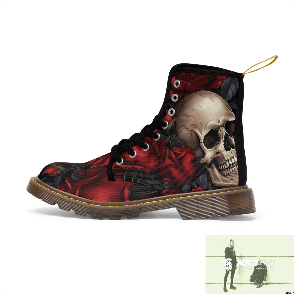 Gothic Skulls and Red Roses Women’s Canvas Boots Shoes