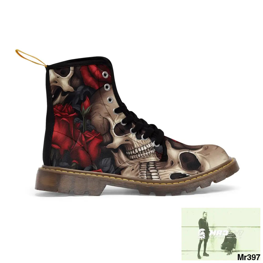 Gothic Skulls and Red Roses Women’s Canvas Boots Shoes