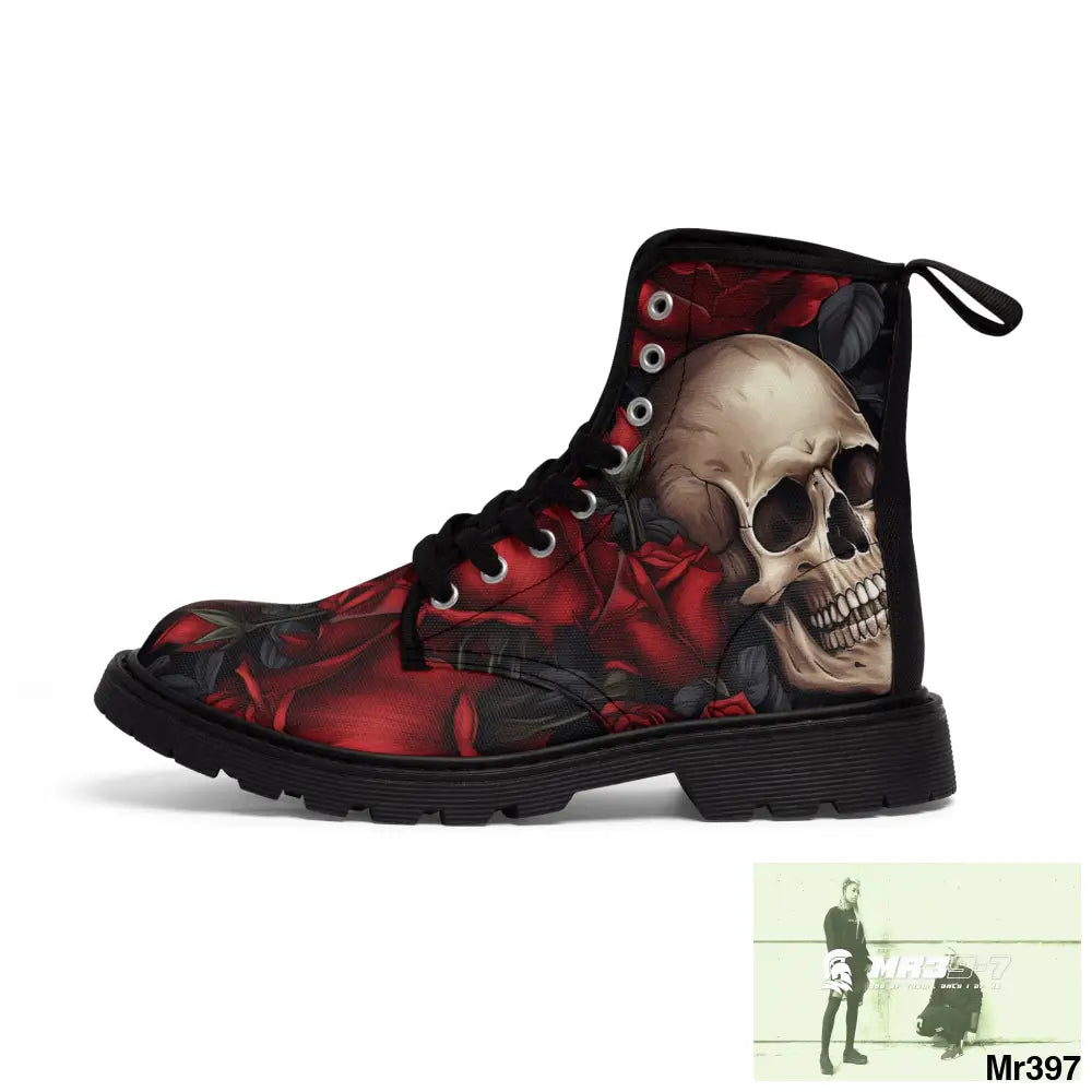 Gothic Skulls and Red Roses Women’s Canvas Boots Shoes