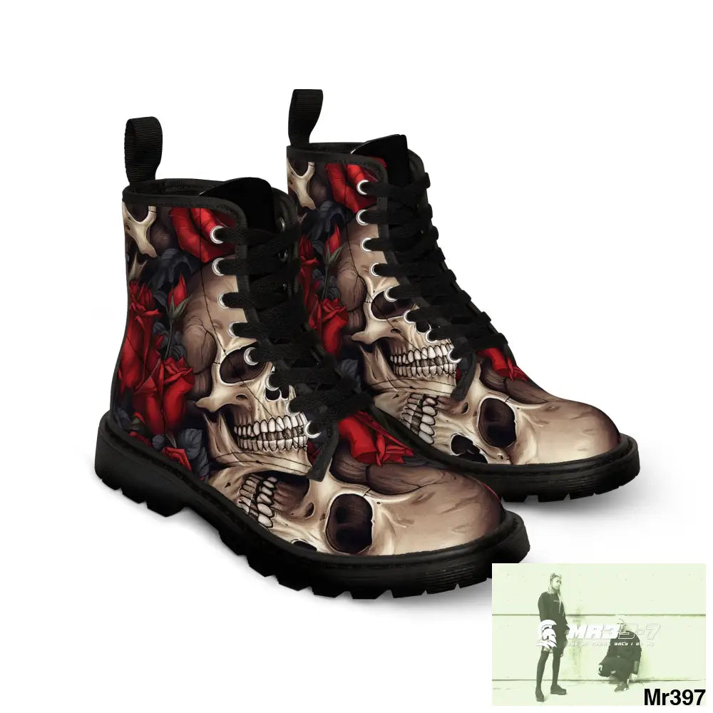 Gothic Skulls and Red Roses Women’s Canvas Boots Shoes
