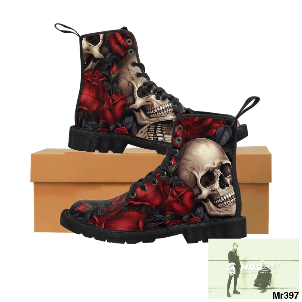 Gothic Skulls and Red Roses Women’s Canvas Boots US 6.5 / Black sole Shoes