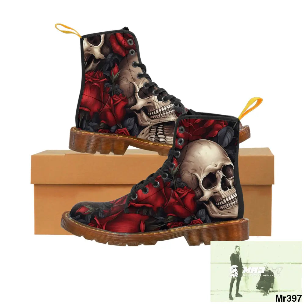Gothic Skulls and Red Roses Women’s Canvas Boots US 6.5 / Brown sole Shoes