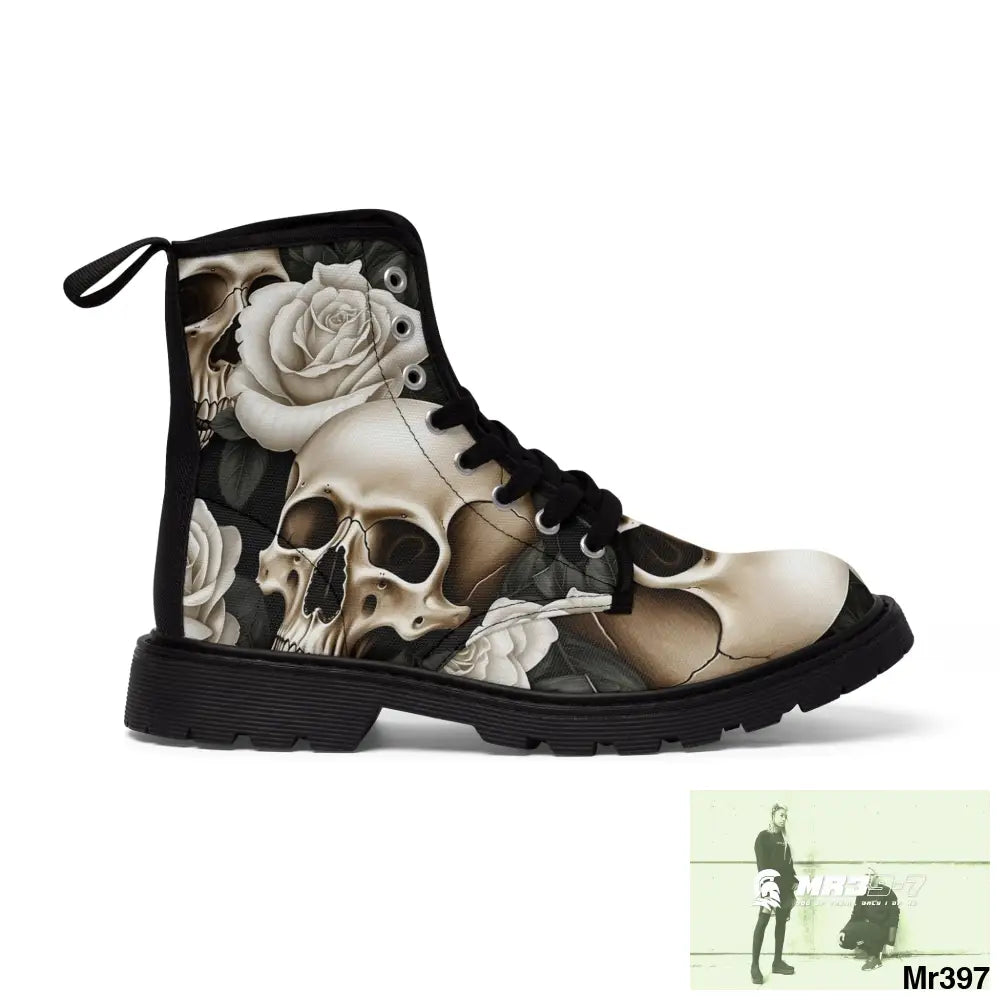 Gothic Skulls and White Roses Women’s Canvas Boots Shoes