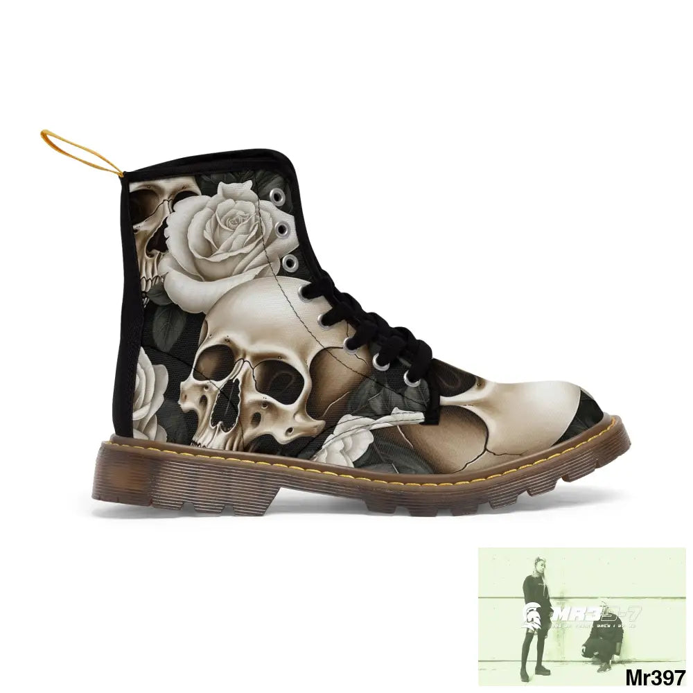 Gothic Skulls and White Roses Women’s Canvas Boots Shoes