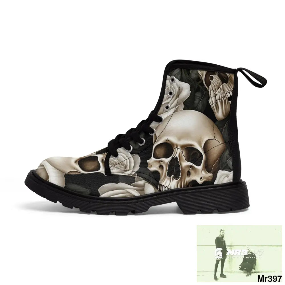 Gothic Skulls and White Roses Women’s Canvas Boots Shoes