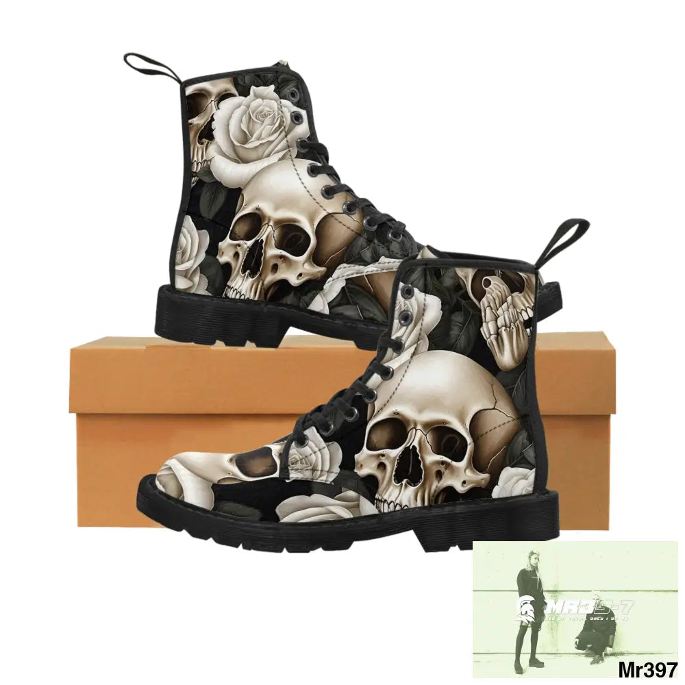 Gothic Skulls and White Roses Women’s Canvas Boots US 6.5 / Black sole Shoes