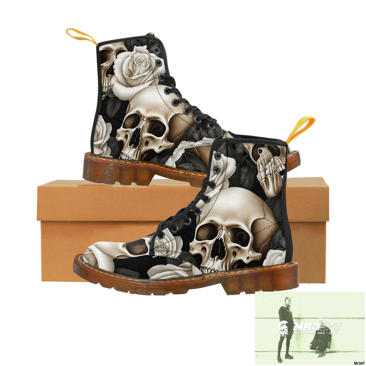 Gothic Skulls and White Roses Women’s Canvas Boots US 6.5 / Brown sole Shoes