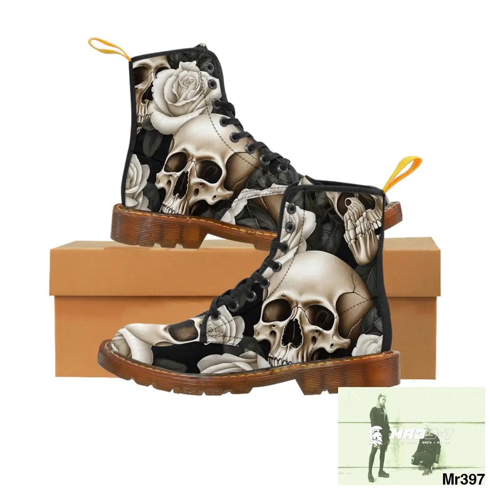 Gothic Skulls and White Roses Women’s Canvas Boots US 6.5 / Brown sole Shoes