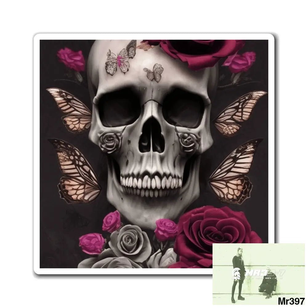 Gothic Skulls Roses and Butterflies Magnet 3’’ × 3’’ Paper products