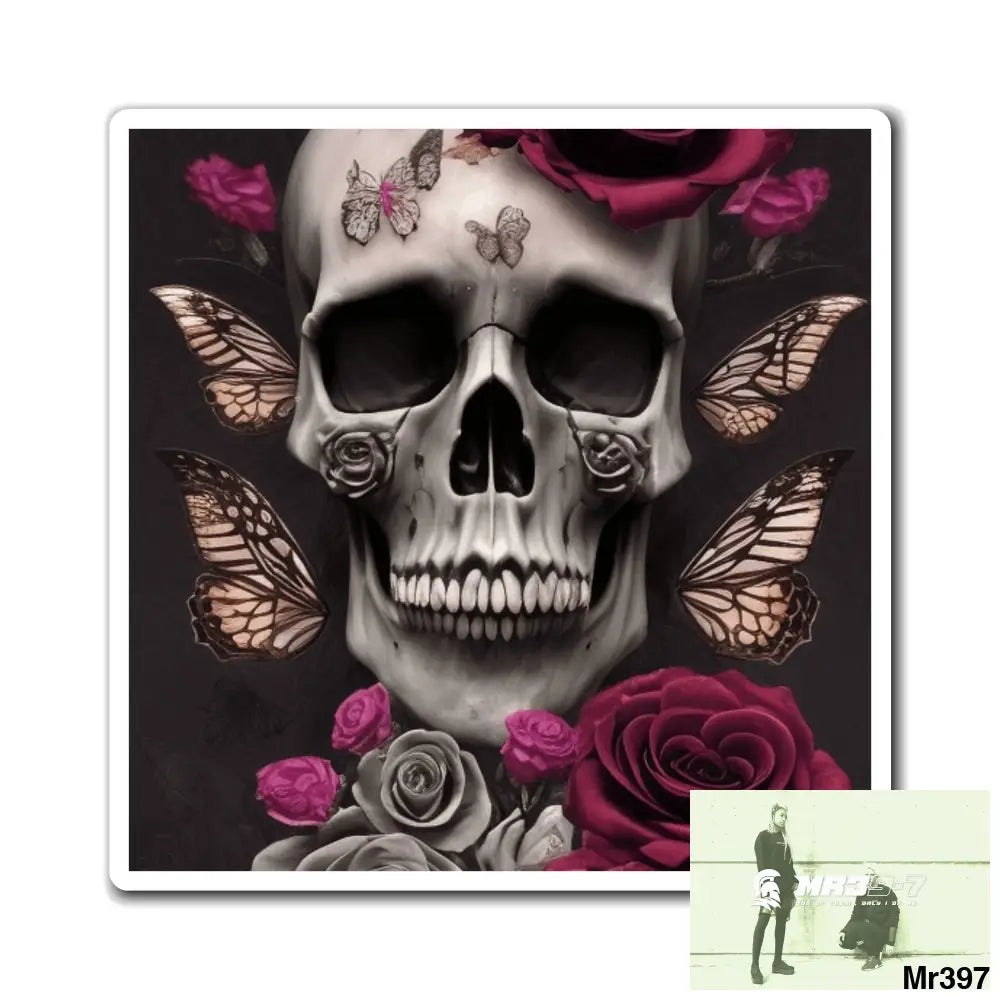 Gothic Skulls Roses and Butterflies Magnet 4’’ × 4’’ Paper products