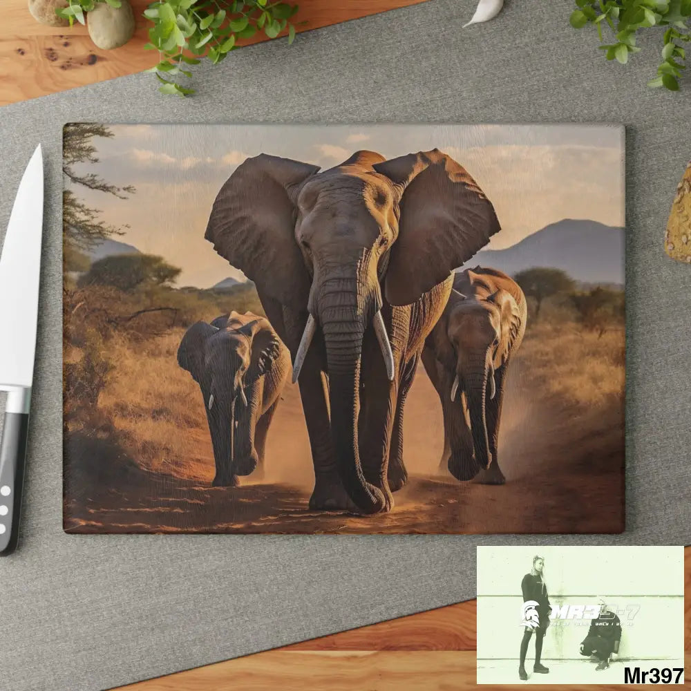 Group of Elephants Walking in Wilderness Glass Cutting Board Home Decor