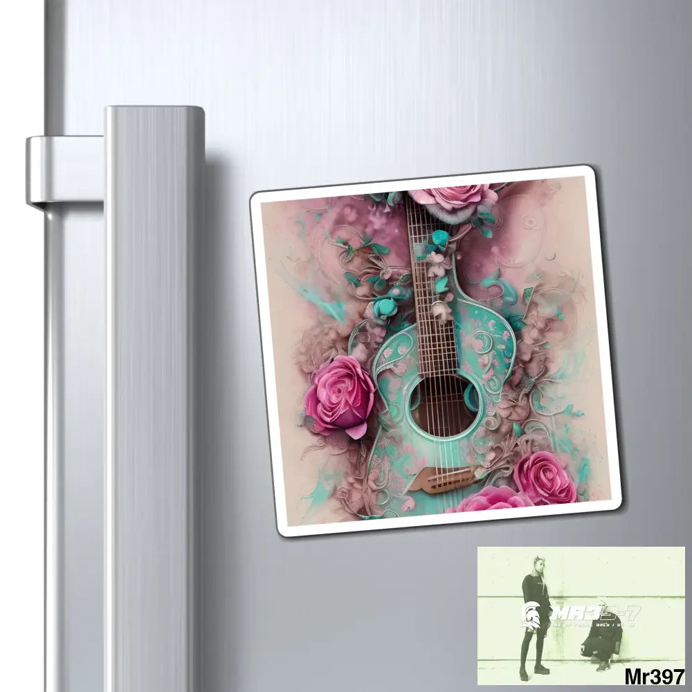 Guitar and pink Roses magnet 4’’ × 4’’ Paper products
