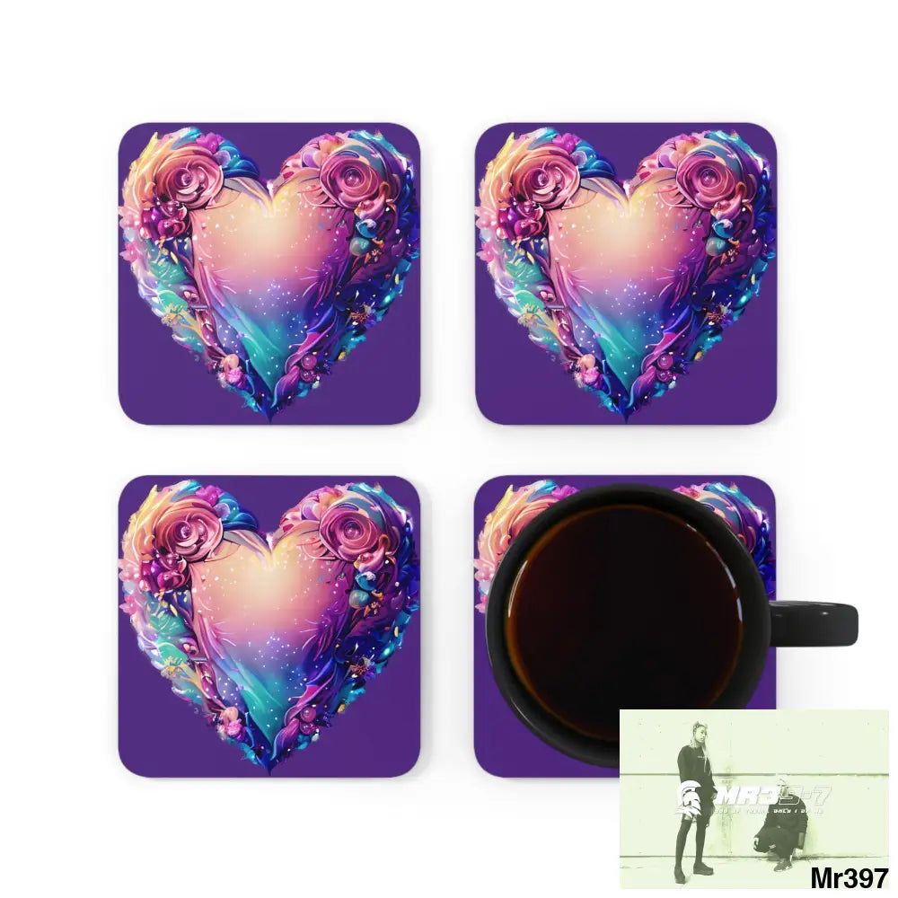 Heart Colorful Detailed Hyper Realistic Coaster Set Cork / 3.75’’ × 3.75’’ / Square Home Decor
