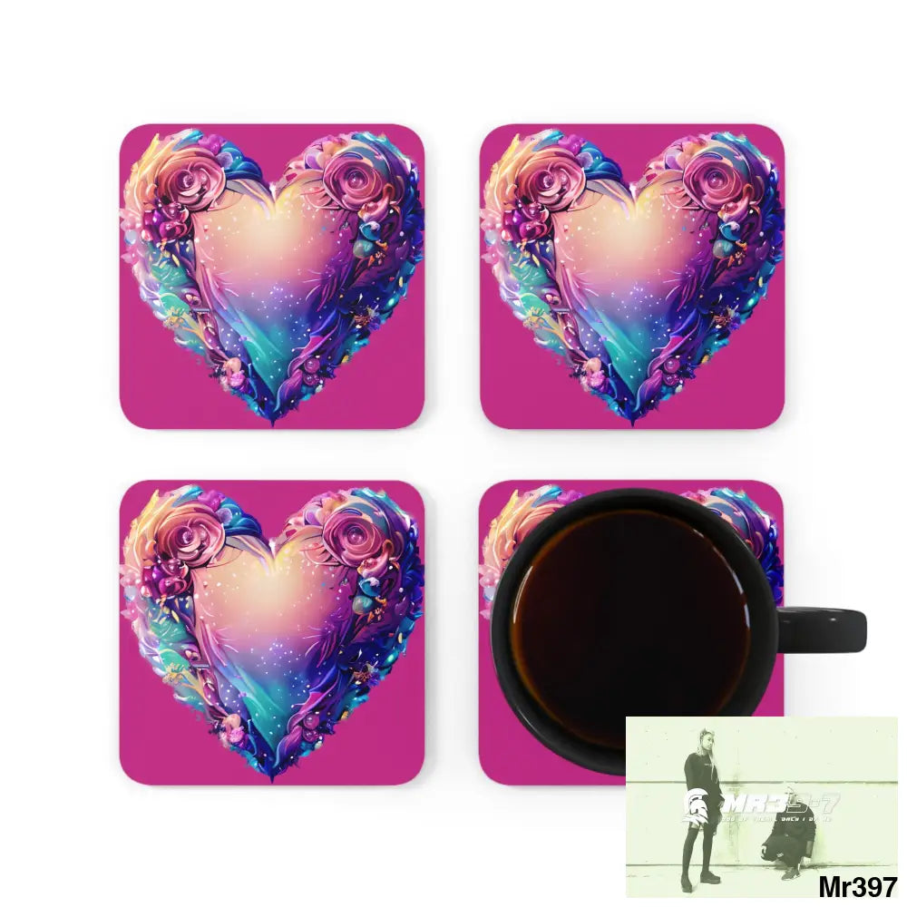Heart Colorful Detailed Hyper Realistic Coaster Set Cork / 3.75’’ × 3.75’’ / Square Home Decor