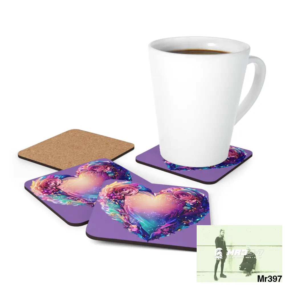 Heart Colorful Detailed Hyper Realistic Coaster Set Cork / 3.75’’ × 3.75’’ / Square Home Decor