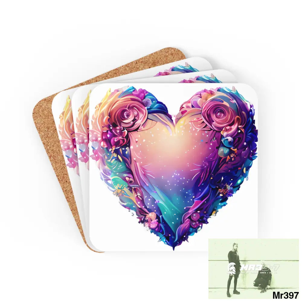 Heart Colorful Detailed Hyper Realistic Coaster Set Cork / 3.75’’ × 3.75’’ / Square Home Decor