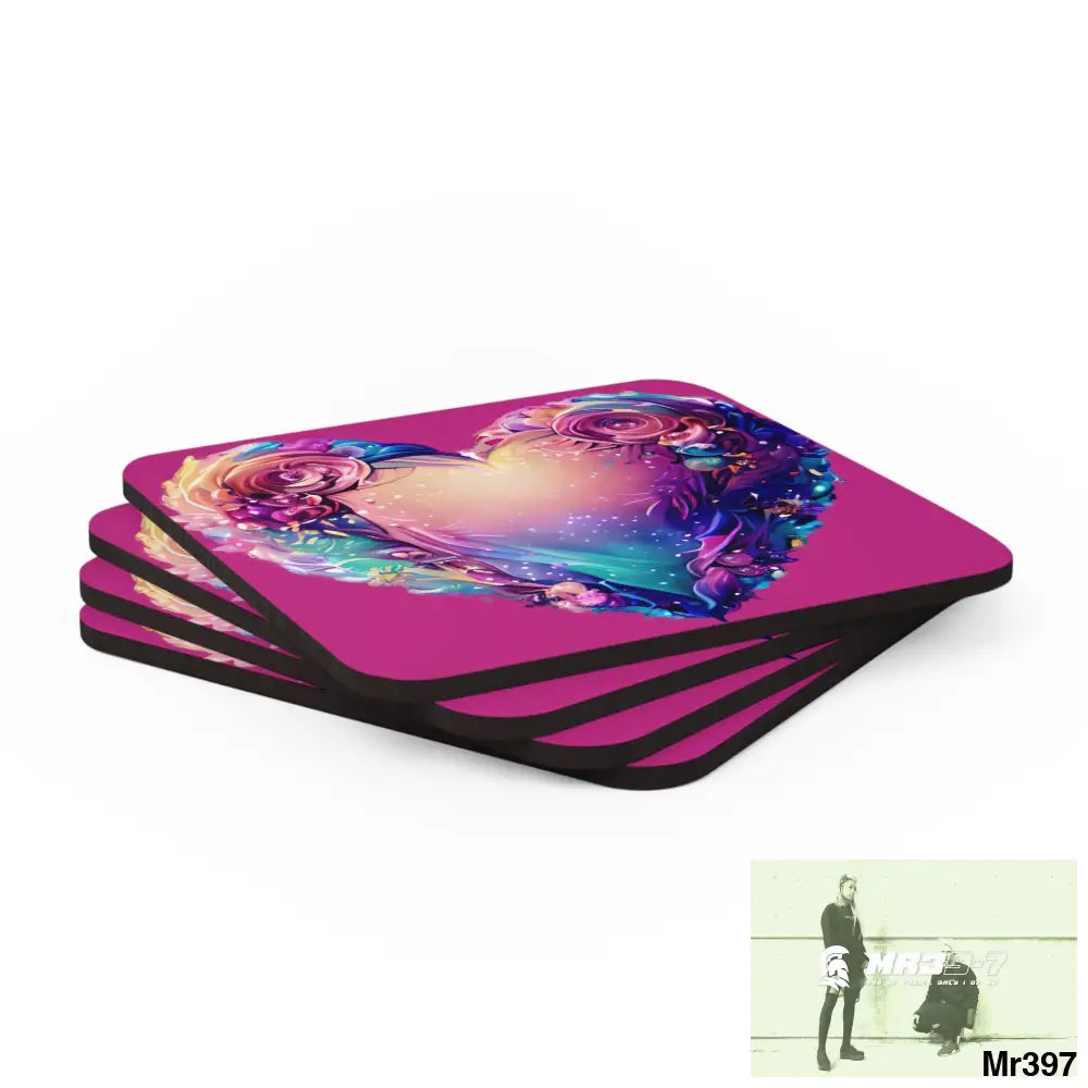 Heart Colorful Detailed Hyper Realistic Coaster Set Cork / 3.75’’ × 3.75’’ / Square Home Decor