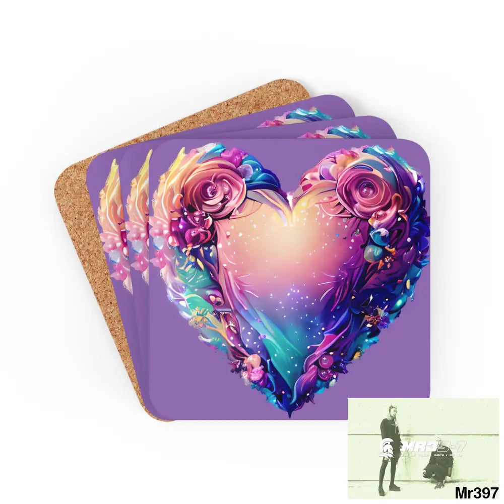 Heart Colorful Detailed Hyper Realistic Coaster Set Cork / 3.75’’ × 3.75’’ / Square Home Decor