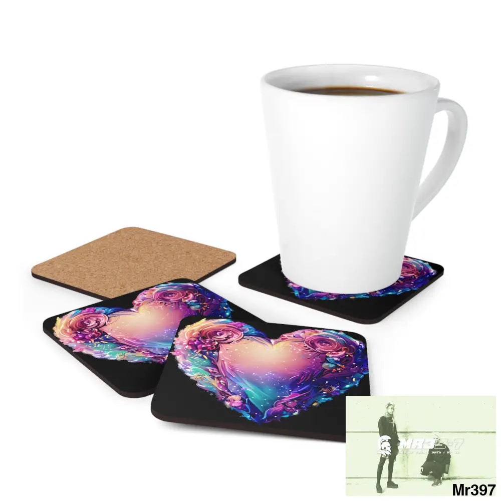 Heart Colorful Detailed Hyper Realistic Coaster Set Cork / 3.75’’ × 3.75’’ / Square Home Decor