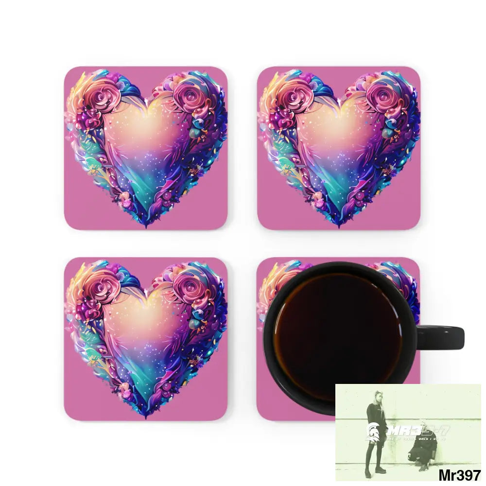 Heart Colorful Detailed Hyper Realistic Coaster Set Cork / 3.75’’ × 3.75’’ / Square Home Decor