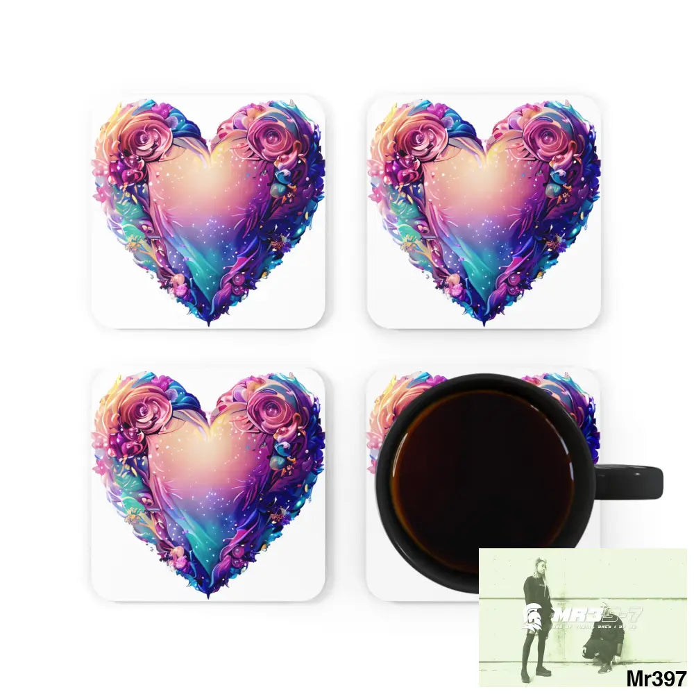 Heart Colorful Detailed Hyper Realistic Coaster Set Cork / 3.75’’ × 3.75’’ / Square Home Decor