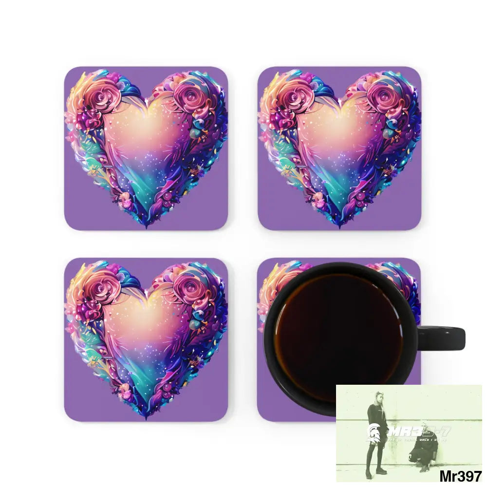 Heart Colorful Detailed Hyper Realistic Coaster Set Cork / 3.75’’ × 3.75’’ / Square Home Decor