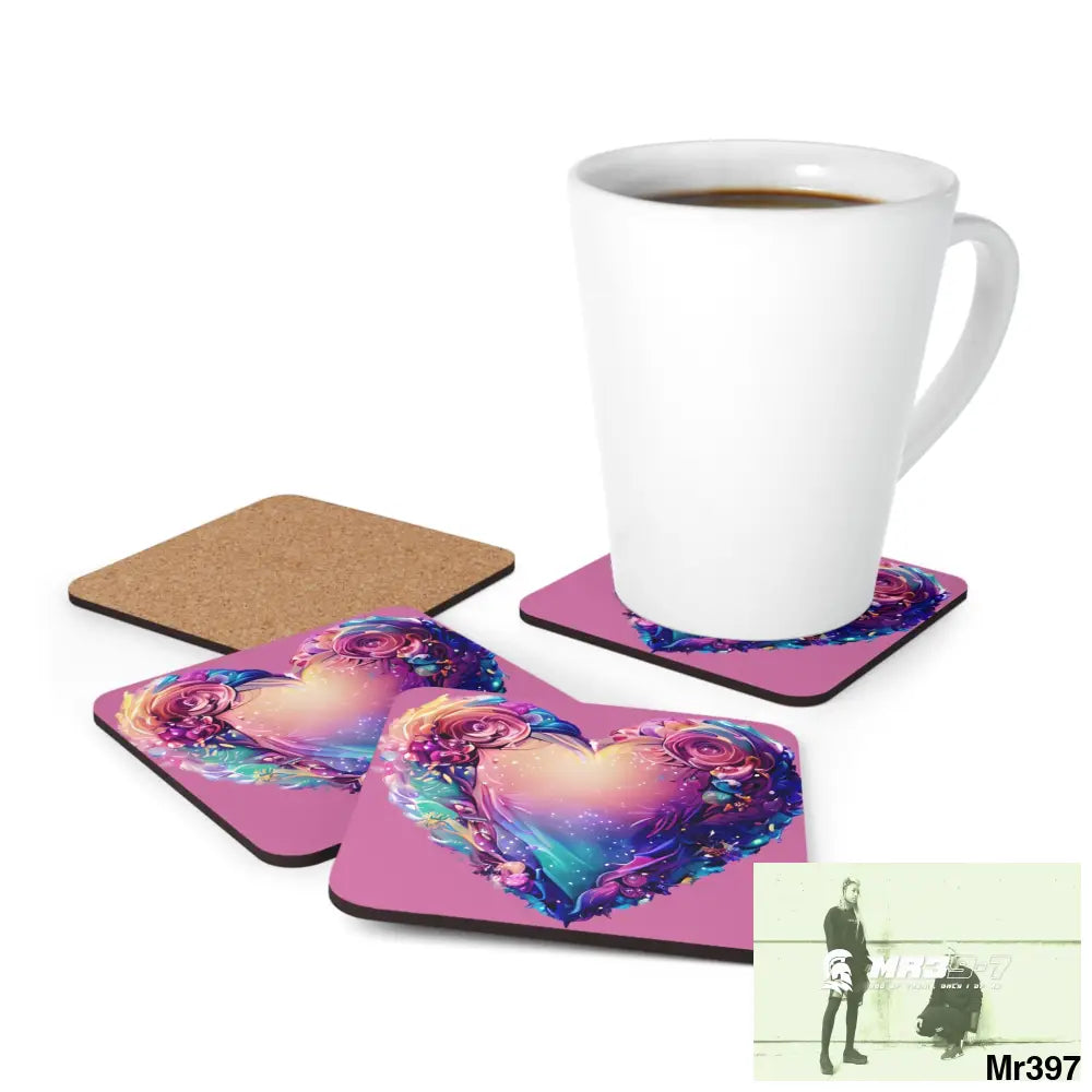Heart Colorful Detailed Hyper Realistic Coaster Set Cork / 3.75’’ × 3.75’’ / Square Home Decor