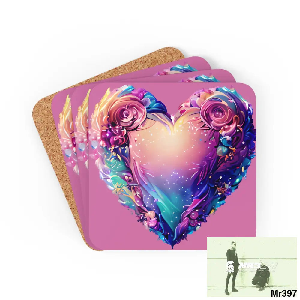 Heart Colorful Detailed Hyper Realistic Coaster Set Cork / 3.75’’ × 3.75’’ / Square Home Decor