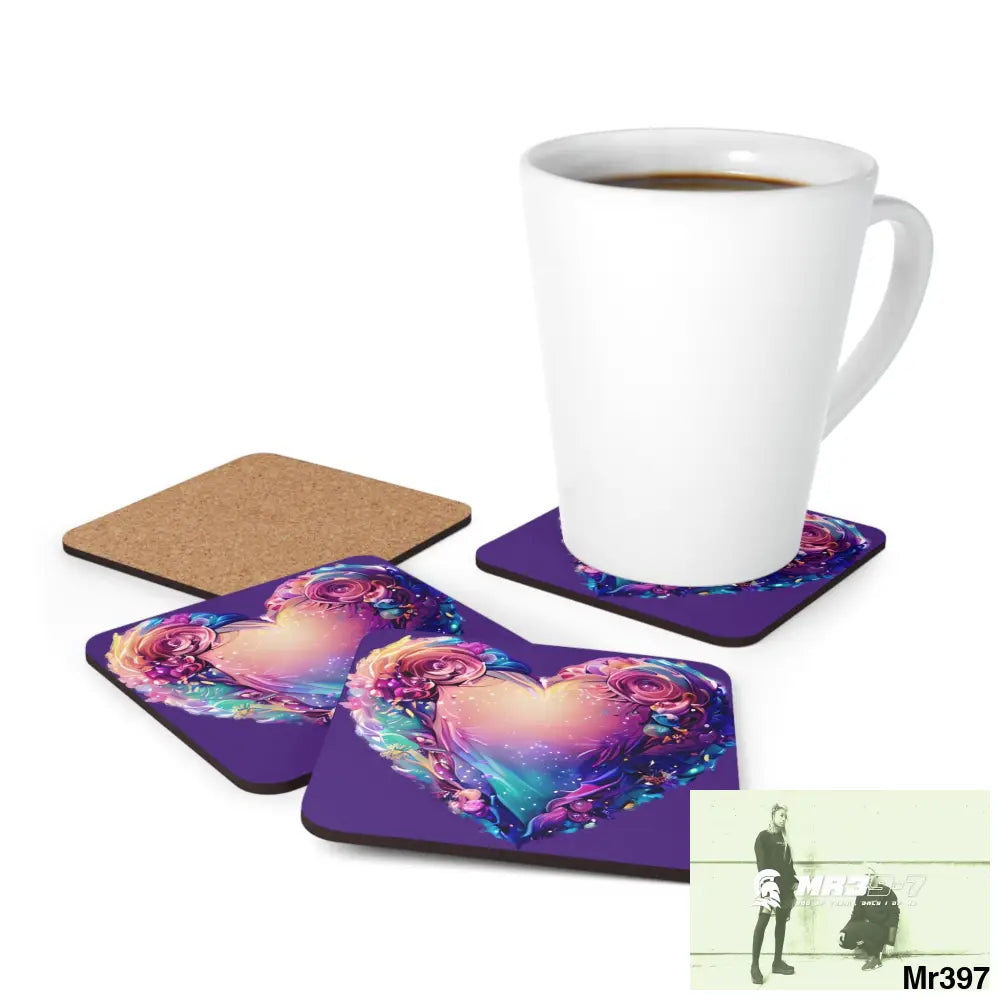 Heart Colorful Detailed Hyper Realistic Coaster Set Cork / 3.75’’ × 3.75’’ / Square Home Decor