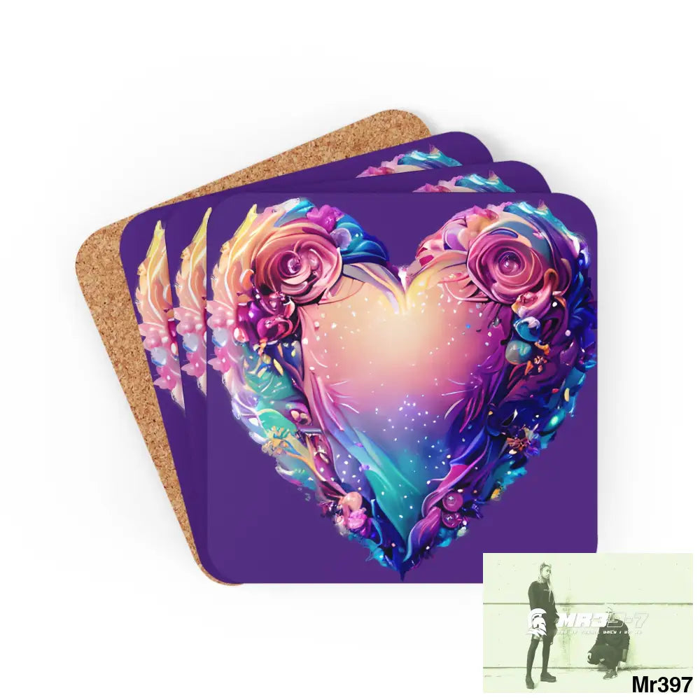 Heart Colorful Detailed Hyper Realistic Coaster Set Cork / 3.75’’ × 3.75’’ / Square Home Decor
