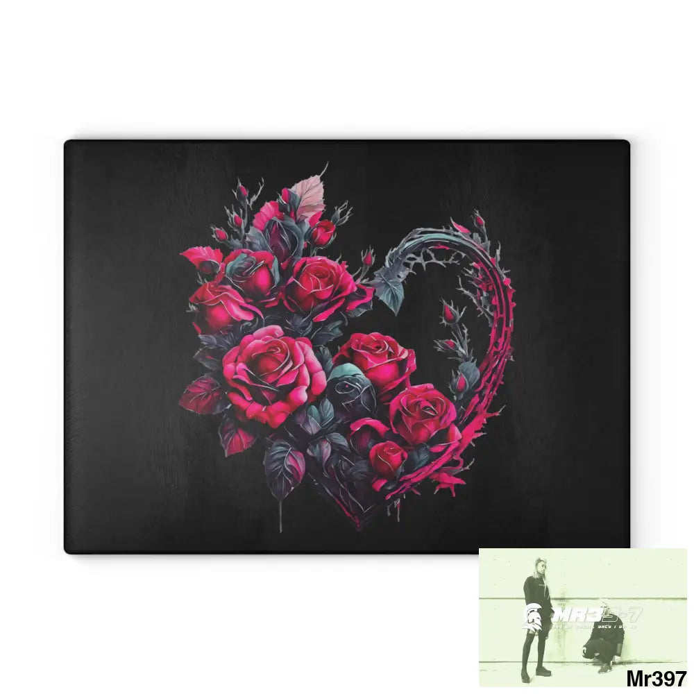 Heart Made of Pink Roses on a Black background Cutting Board 11’’ x 15’’ / Rectangle Home Decor