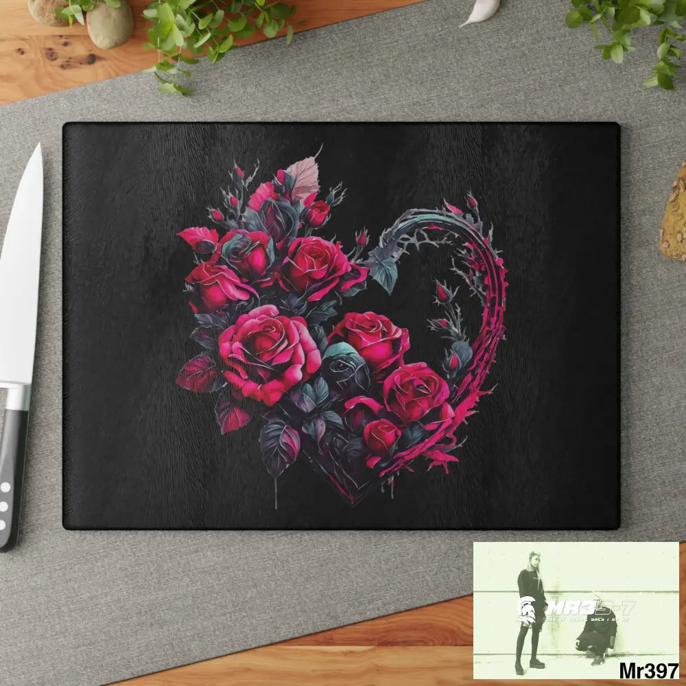 Heart Made of Pink Roses on a Black background Cutting Board Home Decor