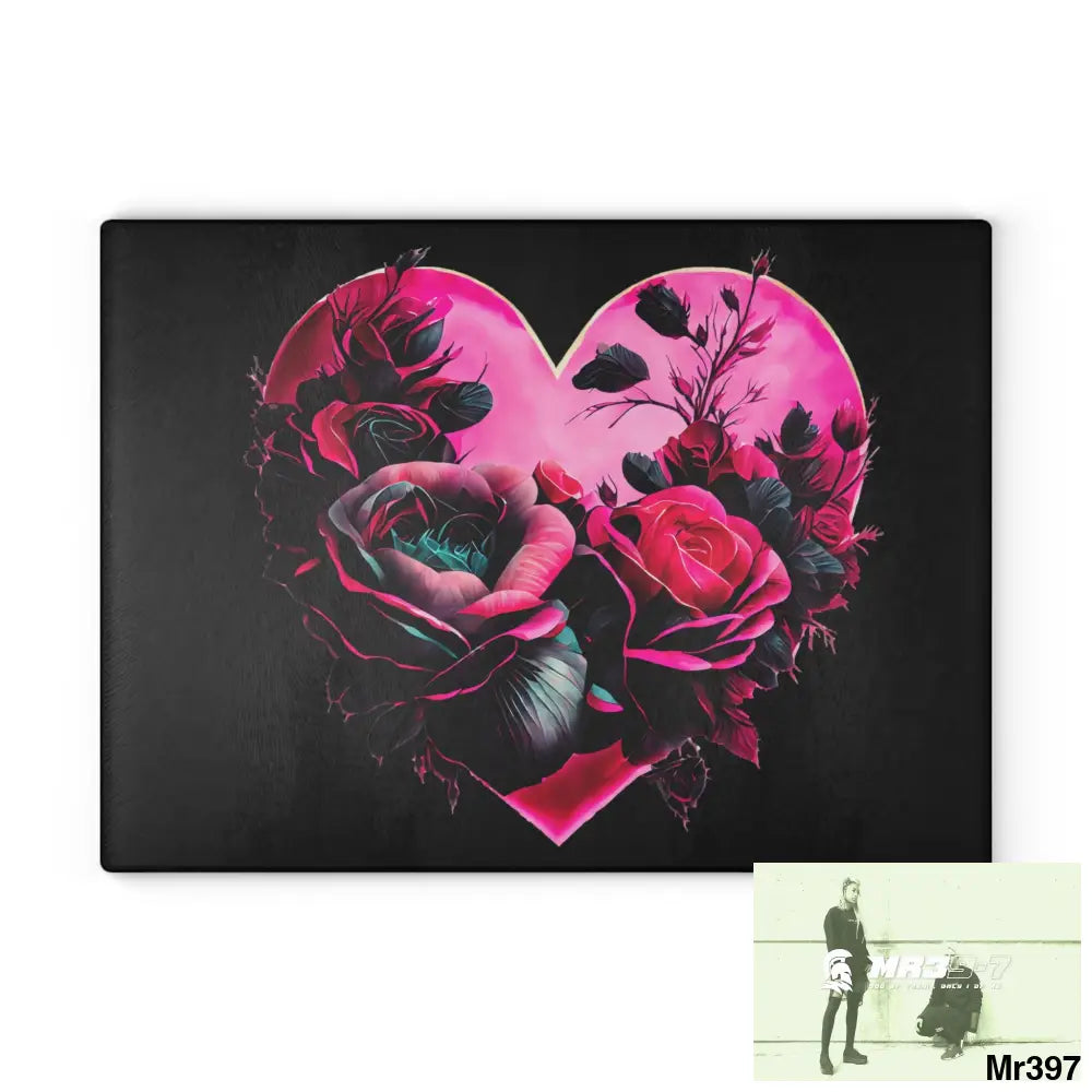 Heart made of Roses & Black accents Glass Cutting Board 11’’ x 15’’ / Rectangle Home Decor