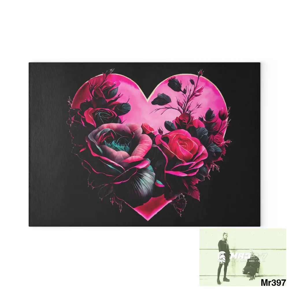Heart made of Roses & Black accents Glass Cutting Board 8’’ x 11’’ / Rectangle Home Decor